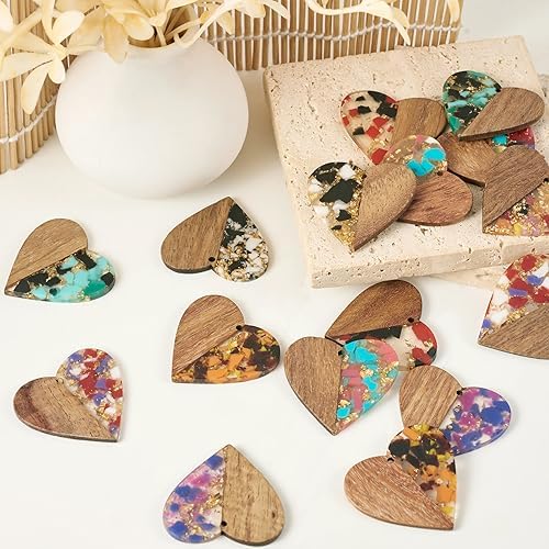 FASHEWELRY 16pc Heart Resin Wood Earrings & Charms - Gold Foil Wooden Earring Blanks & Findings for Jewelry Making - Image 7