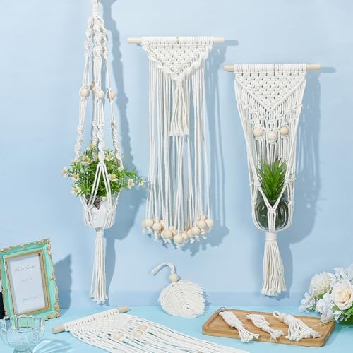 INFUNLY 10 Set DIY Macrame Kit for Beginners Boho Macrame Wall Hanging Tapestry Kit with Instruction Beige Cotton Cord Keychain Kit Handmade Plant Hanger Kit for Adults DIY Ornaments Kit for Home Gift - Image 5