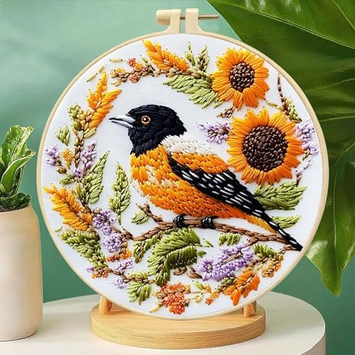 FRANDEK DIY Sunflower Bird Stamped Embroidery Kit with Hoop for Adults - Image 7