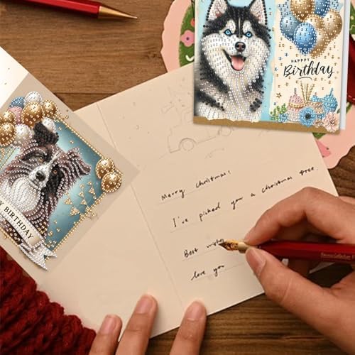 TDFERAN Diamond Painting Dog Birthday Card 6 Set Husky Cards Art Work Crystal Puzzle Dog Birthday Party Diamond Balloon Invitation Animal Party Holiday Event Cards Card for All Occasions - Image 7