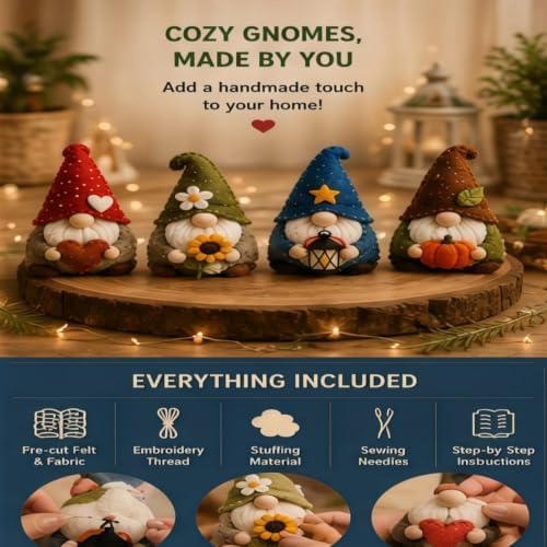 Sewing Kit for Beginners, DIY Felt Sewing Craft Kit with Pre-Cut Fabric & Instructions, Handmade Plush Animal Craft Set for Adults & Teens (Bird) (gnome) - Image 7