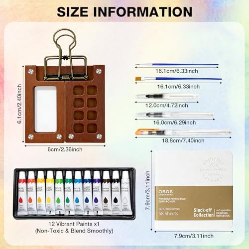 Mini Portable Watercolor Paint Set - 8 Grid Wood Palette with Binder Clips 12 Colors Paint, Brushes, Water Pens & Sketchbook, Travel Art Kit for Beginners & Art Enthusiasts - Image 6