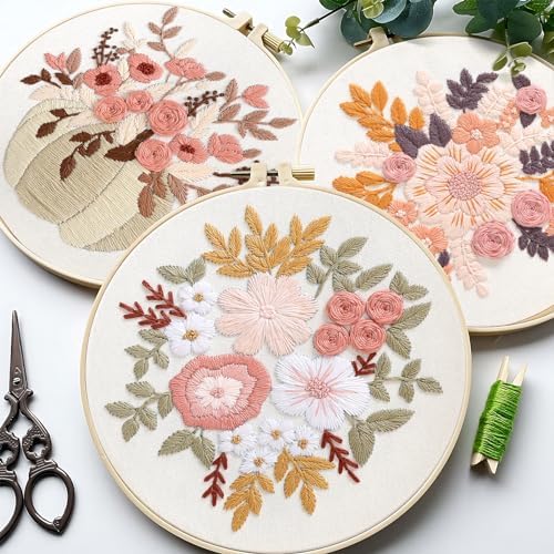 Sivilife Embroidery Kit for Beginners, 3 Sets Stamped Cross Stitch Kits for Beginner, Floral Pattern Embroidery Starter Kits for Adults with Embroidery Hoop Instructions Threads and Needles Scissors - Image 7