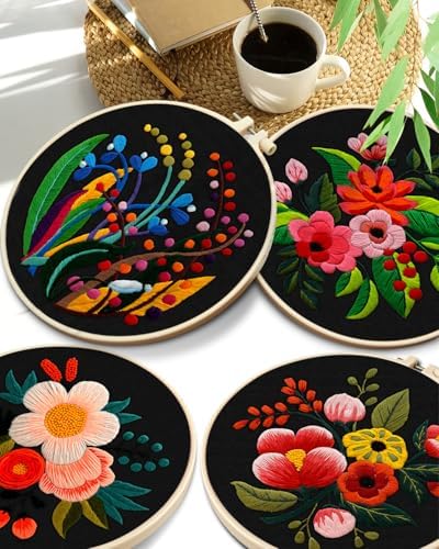 TINDTOP 4 Pack Embroidery Kit for Adult, Embroidery DIY Starter Kit, with Stamped Patterns, Hoop, Tools, Colorful Threads with Needles, Instructions - Image 7