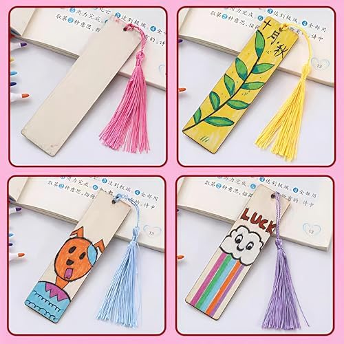 40-Piece Unfinished Wooden Bookmarks with Tassels – DIY Blank Wooden Bookmark Craft Kit for Handmade Gifts, Reading Accessories (1.26 x 4.7 Inches) - Image 6