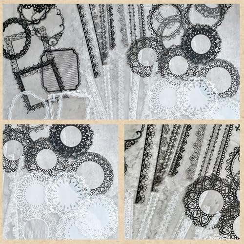 PRSTINCOL 240 PCs Lace Scrapbook Stickers,Waterproof Cutout Transparent Sticker PET Transparent Lace Stickers for Scrapbooking DIY Decoration Making Notebook Frame Album Handmade(Black and White) - Image 6
