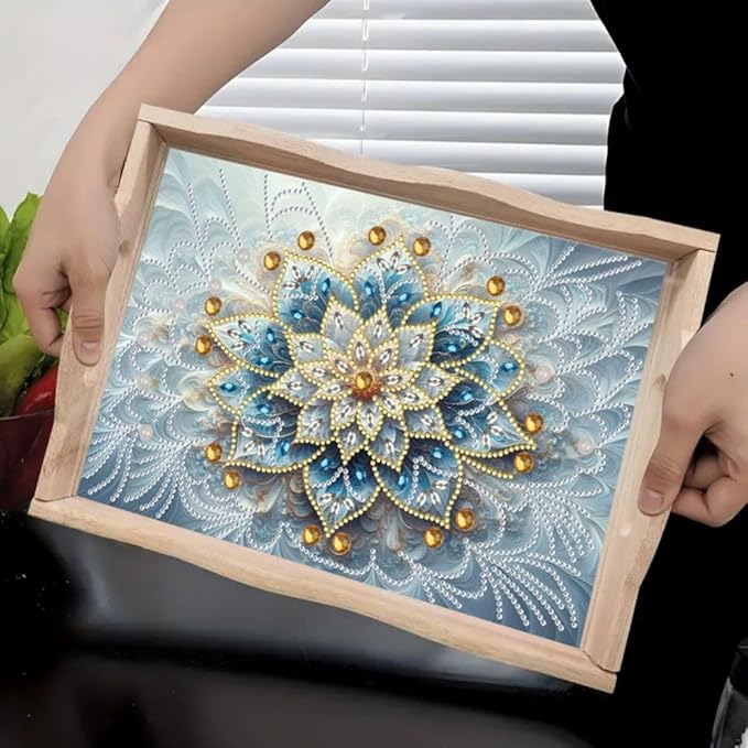 DoxQcs DIY Diamond Art Wooden Food Tray with Handle Diamond Painted Table Decoration Tray for Breakfast Bar Dinner Table Diamonds Art Painting for Beginners-Mandala