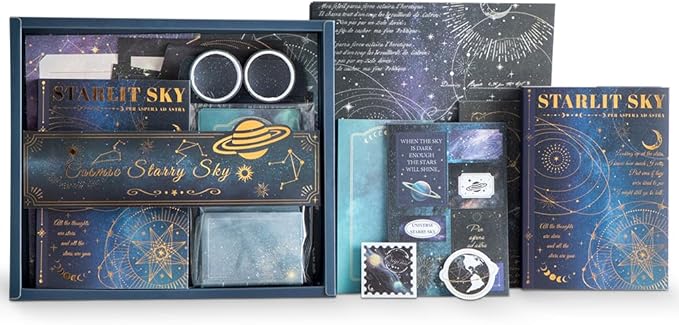 icceemee Scrapbooking Supplies Kit, Blue Starry Sky Scrapbooking Kit for Bullet Junk Journaling, Stationery, A6 Grid Notebook, Flower DIY Journaling Supplies, Birthday Craft Gift for Teen Girls