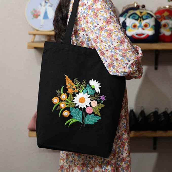 KABAKE Canvas Tote Bag Embroidery Kit, Embroidery Kits for Beginners, Arts and DIY Crafts Embroidery Starter kit, Include Stamped Embroidery Bag, Threads, Embroidery Tools (Black Bag with Floral)