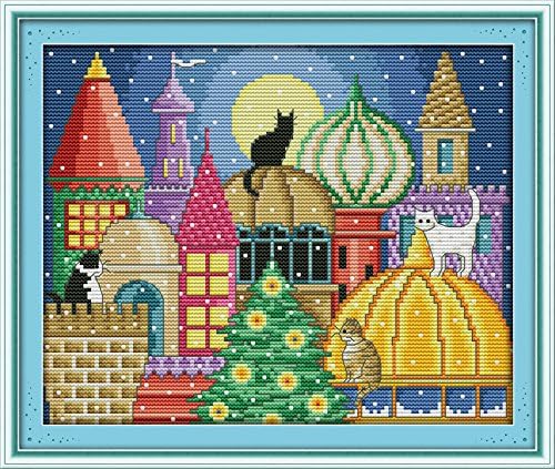 Howie's Needlepoint Cross Stitch Kits, 14CT Pre-Printed Pattern Needlepoint Kits, Full Range of Stamped Starter Kits (The Cat City, 11.8 x 9.8 Inch) by HowiesNeedlepoint