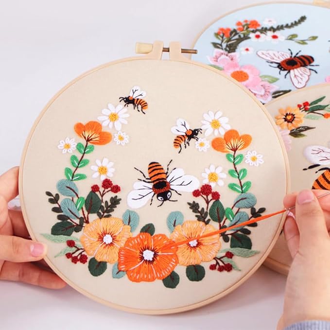 wtisan Embroidery Kit for Adults, 4 Sets Cross Stitch Kits for Adults with Stamped Flower Pattern and Easy Instruction, Embroidery Kits with Embroidery Hoop and Color Threads