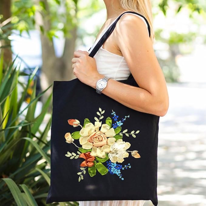Canvas Tote Bag Silk Ribbon Embroidery Kit for Beginners, Arts DIY Crafts Starter kit, Include Stamped Bag Threads Hoop