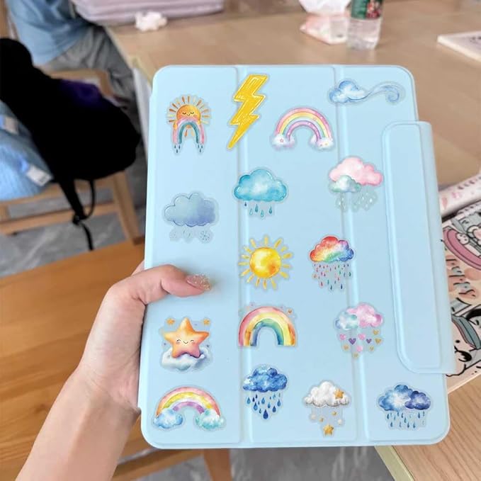 50 Cute Watercolor Weather Stickers for Scrapbooking – Waterproof Clear PET, Weather Decals with Sun, Clouds, Stars, Rainbows & Lightning – Aesthetic Clear Stickers for Journals, Planners, Crafting