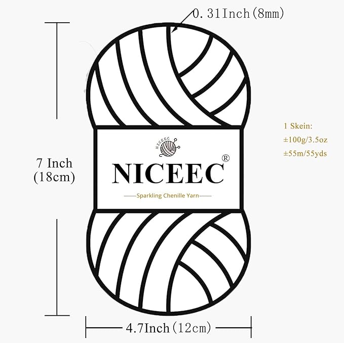 NICEEC 3 Skeins Sparkling Chenille Yarn Soft Blanket Yarn for Crochet & Knitting, Total 165yds/10.6oz - White