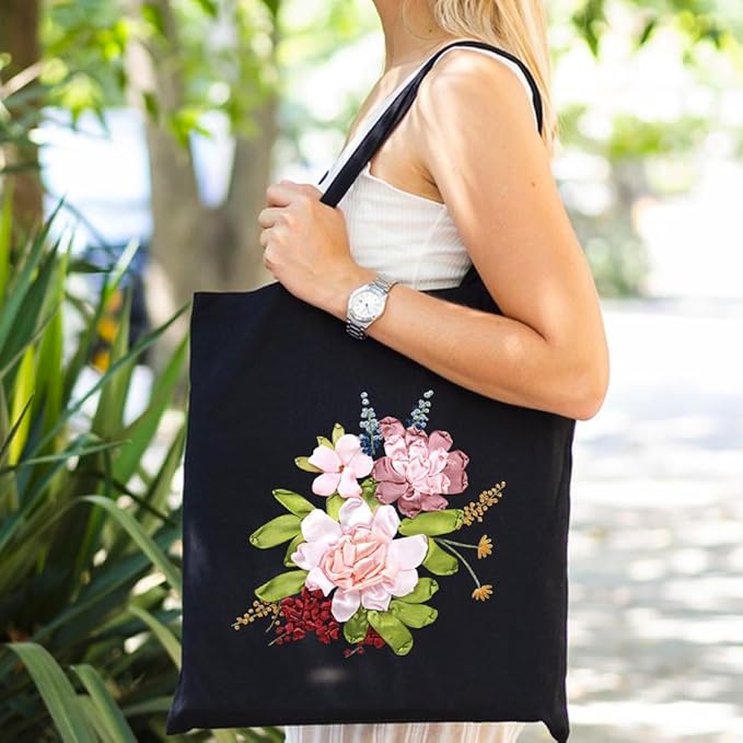 Canvas Tote Bag Silk Ribbon Embroidery Kit for Beginners, Arts DIY Crafts Starter kit, Include Stamped Bag Threads Hoop