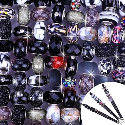 Aipridy Large Hole European Beads, Craft Supplies Kit,Assorted Mixed Color Lampwork Spacer Beads for DIY Bracelet Jewelry Making (100, Black) - Image 3