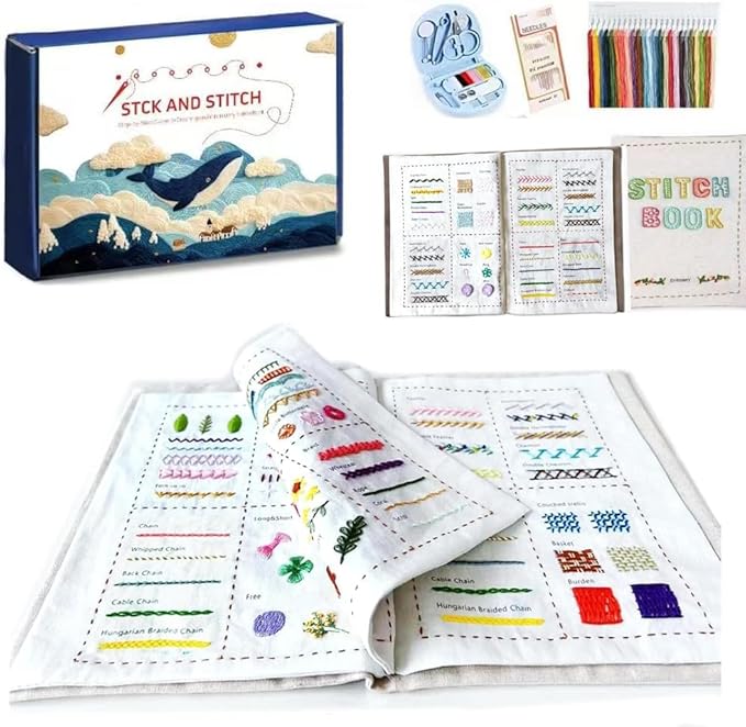 Froklic Embroidery Stitch Book, Portable Sewing & Hand Embroidery Kit, Cross Stitch Kits, DIY Needlepoint Starter Set with Complete Toolkit & Instructional Tutorial for Adults & Beginners(Classis)