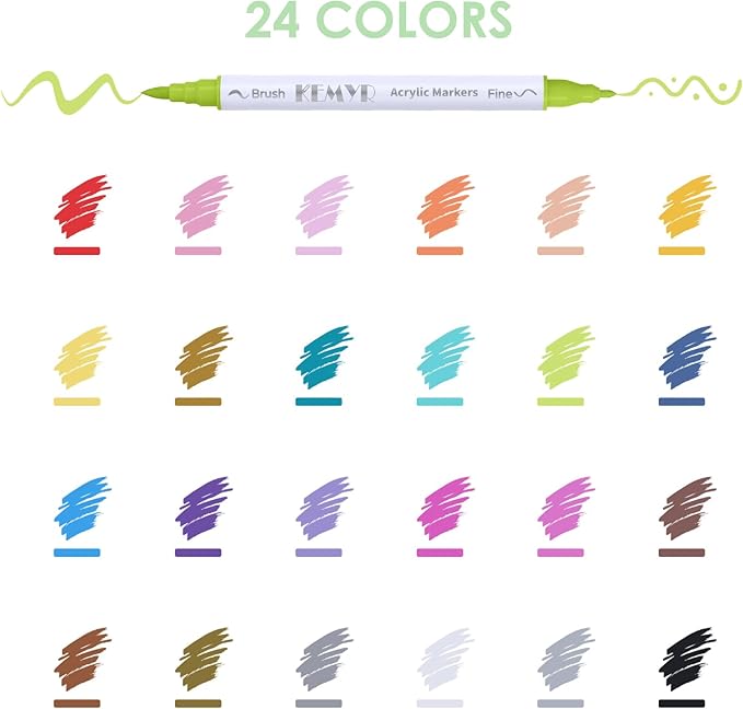 KEMYR 24 Colors Brush & Fine Tip Acrylic Paint Pens, Dual Tip Acrylic Paint Markers for Paper, Wood, Canvas, Stone, Rock, Glass, Fabric, DIY, Ceramic, Art Supplies for Adults Drawing