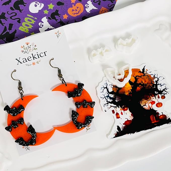 Halloween Moon Bat Polymer Clay Cutters Set – 4pcs Clay Earring Cutters for DIY Polymer Clay Jewelry Making, Clay Tools and Molds for Earrings