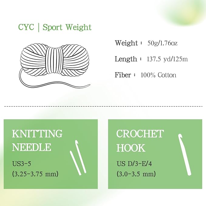 Katech 1OO% Cotton Yarn for Crocheting & Knitting–12-Color of 137 Yards/1.76 oz Baby Cotton Yarn Sport Weight CYC #2-Soft & Breathable-Ideal for Dishcloths, Baby Clothes, Potholders(G)
