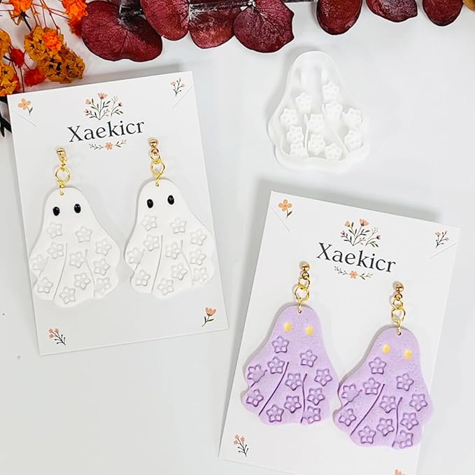 Xaekicr Halloween Ghost Polymer Clay Cutters with Floral Pattern – Cute Clay Earring Cutters Set for DIY Earrings – Polymer Clay Molds and Clay Tools for Halloween Jewelry Making