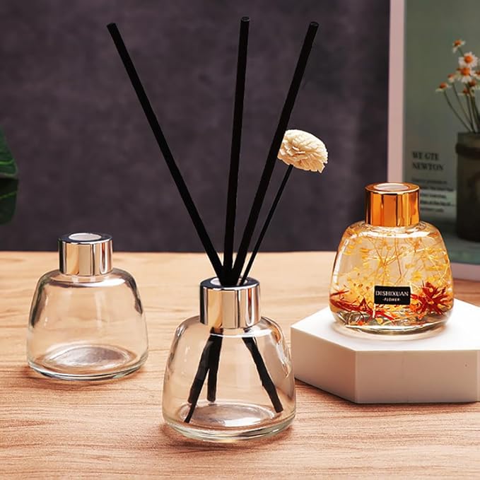 Kaxich 4 Pack Reed Diffuser Bottle Empty Glass Jar 3.52 oz Refillable Essential Oil Bottles with 30pcs Reeds Sticks, Elegant Home Decor Set for Bedroom, Bathroom, Office Decoration Gift