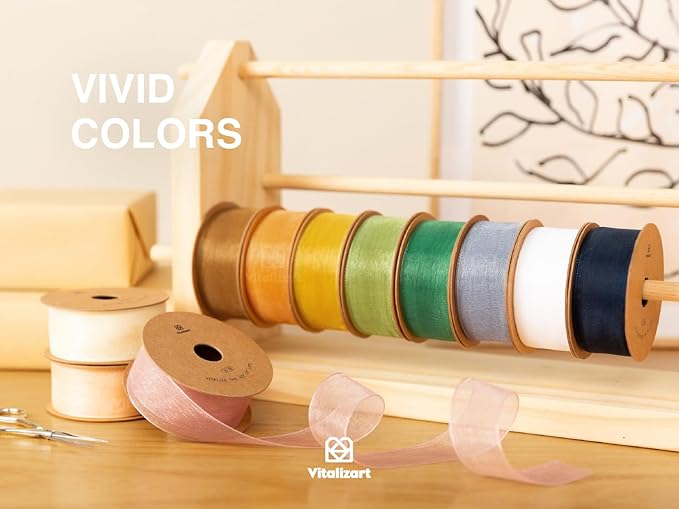 Vitalizart Green & Cream Ribbon Organza Sheer Ribbon 1 inch x 30 Yd Handmade Fabric Ribbons for Gift Wrapping Christmas Tree Crafts Bows Wedding Invitations Wreaths Wrap Sage Emerald