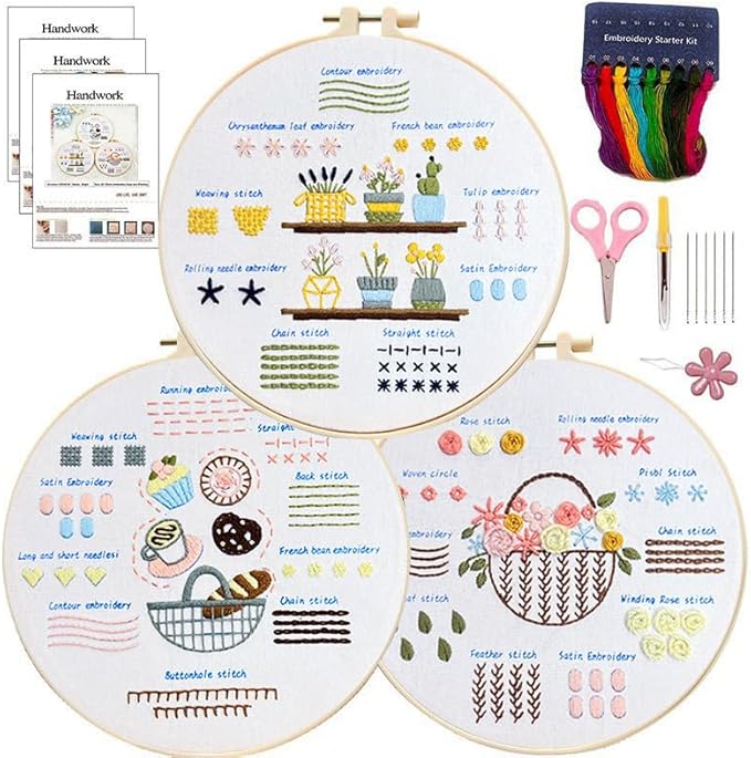Embroidery Kit for Adult Beginners, 3-Pack Practice Samplers, Pre-Stamped Patterns, 7.8-Inch Hoop, Threads & Needles, Step Guide and Video, DIY Needlework Craft Gift for Women (Neon Chapters)