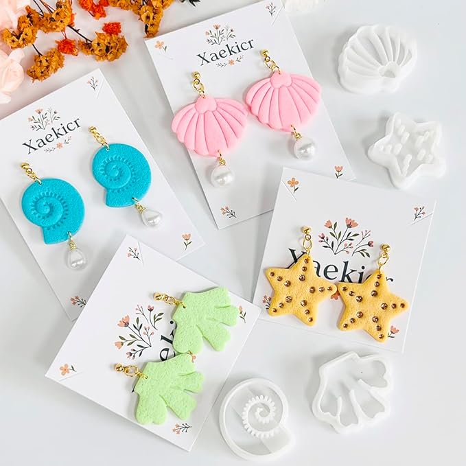 Xaekicr 4PCS Ocean Theme Polymer Clay Cutters Set – Starfish Seashell Clay Earring Cutters – Clay Tools for Polymer Clay Jewelry Making, Beach DIY Crafts Supplies