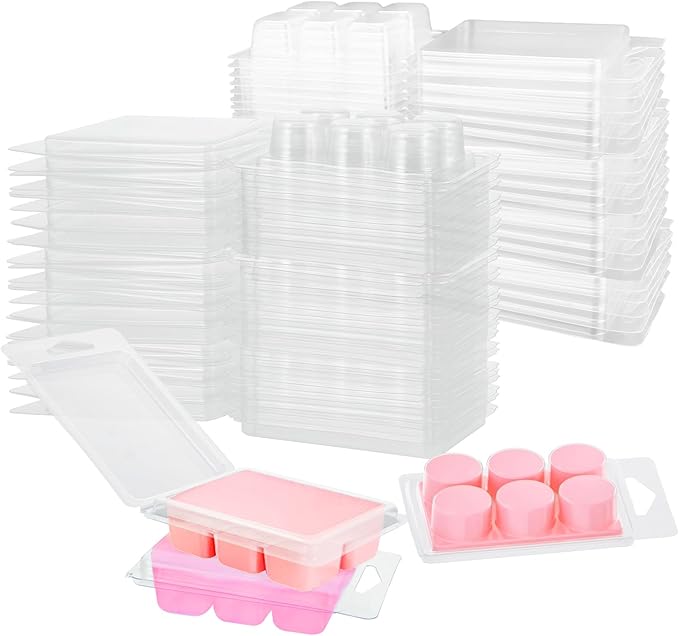 RHBLME 200 Pack Wax Melt Containers, 6-Cavity Clear Plastic Wax Melt Molds - Square & Round Shape Clamshells for Tarts & Candles