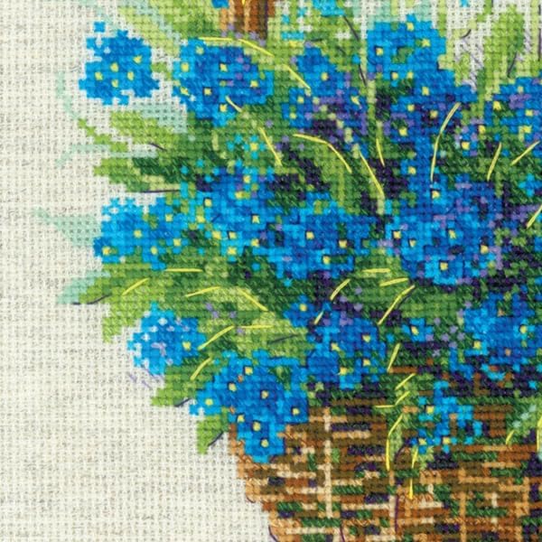 RIOLIS - Forget Me Nots in a Basket 2170, Cross Stitch Kits 8¾" x 8¾", Cross Stitch Kits for Adults, Floral Counted Cross Stitch Kits, Embroidery Kit for Beginners & Advanced, Crossstitching Kits