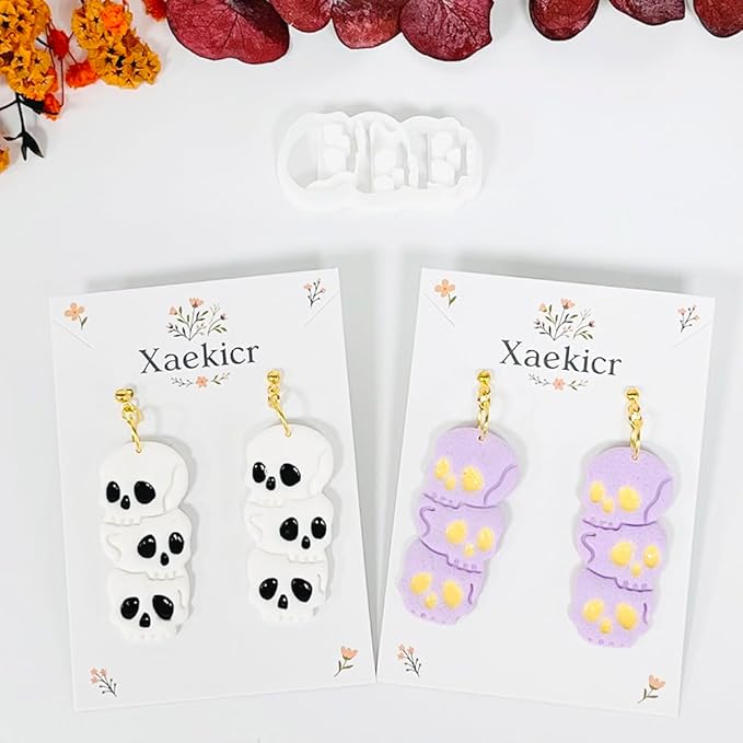 Xaekicr Halloween Skull Polymer Clay Cutters – 3-Stacked Skull Shape Clay Earring Cutters for DIY Jewelry, Polymer Clay Molds, Clay Tools – Halloween Cookie & Earring Making Supplies