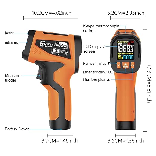 Infrared Thermometer High Temperature Gun with K-Probe,-40℉~1922℉, 30:1 Digital Laser IR Temp Gun with Color LCD for Cooking, Pizza Oven, Engine, Kilns, Industry, Home Repair, Adjustable Emissivity