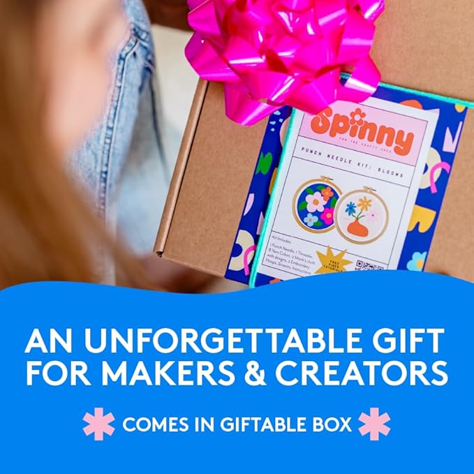 SPINNY Punch Needle Kit, Two Large Floral Designs w/ 2 Embroidery Hoops, Includes Beginner Video Tutorials and Instructions, Beginner Punch Stitch for Adults, Complete Kit for Crafters