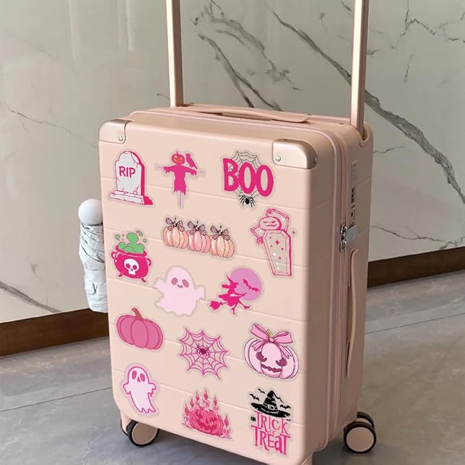50PCS Cute Pink Halloween Stickers – Kawaii Ghosts, Pumpkins, Cats, Witch Hats, Skull & Trick or Treat Vinyl Decals for Scrapbook, Planner, Journal, DIY Crafts, Laptop, Water Bottle Decoration