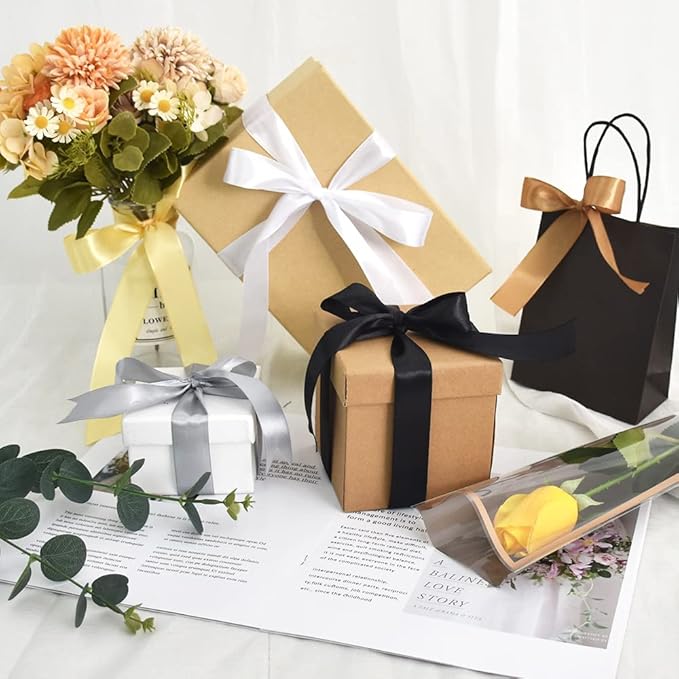 TONIFUL 1 Inch x 125 Yards 5 Colors Satin Ribbon Rolls, Mixed Black and Gold Color Set Fabric Ribbon for Gift Wrapping Embellish Wedding Birthday Party Decoration Bow Making Floral Craft Sewing