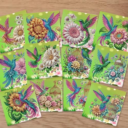 jinglinhh 12pcs Hummingbird Sunflower Diamond Art Painting Greeting Cards with Envelopes, DIY Card Making Kits for Adults, Diamond Art Christmas Cards for Birthday Holiday Postcards Craft Gifts - Image 7