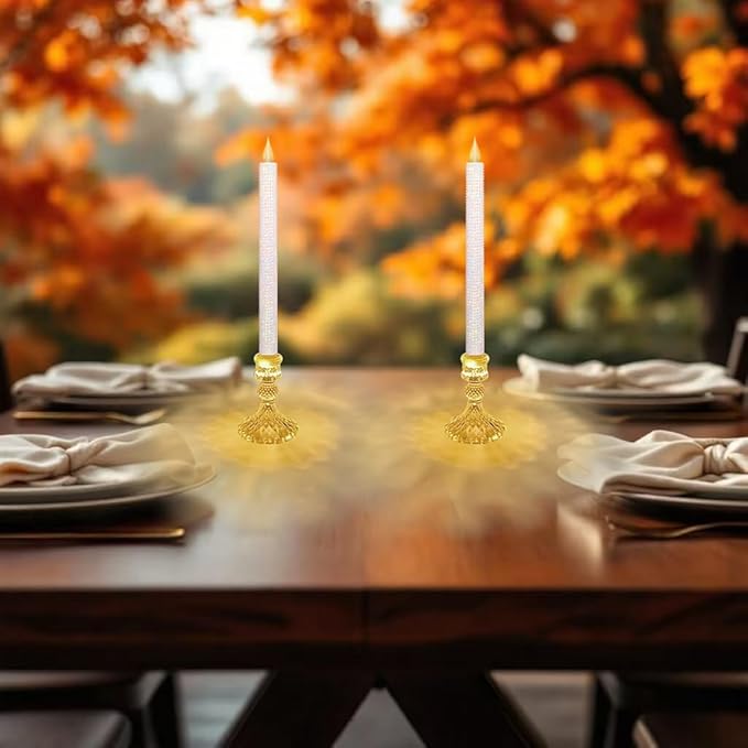 Flameless LED Taper Candles wish Illuminated Holder - Glass Candle Holder, Remote Timer 2AA Battery Operated 500 Hours for Thanksgiving/Xmas Decor, Wedding Centerpiece (Crystallized-Brilliant, 2 Pack)
