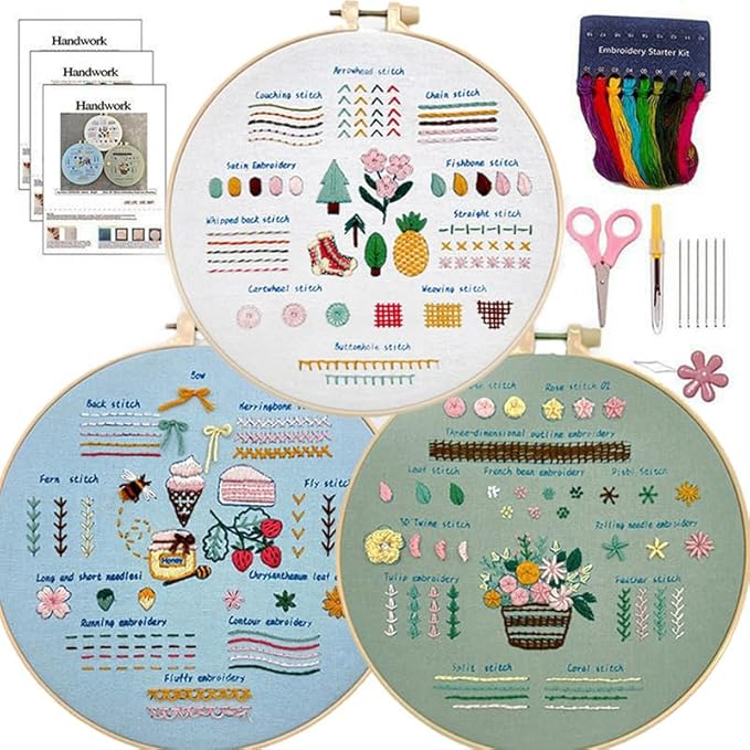 Embroidery Kit for Adult Beginners, 3-Pack 33-Stitch Practice Samplers, Pre-Stamped Patterns, 7.8-Inch Hoop, Threads & Needles, Step Guide and Video, DIY Needlework Craft Gift for Women (Sweet Life)