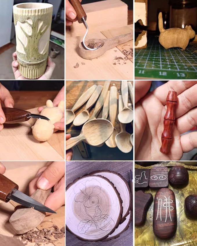 10Pcs Wood Carving Knife Set, Black Walnut Wood Carving Kit with Detail Wood Knife, Whittling Knife, Hook Knife for Beginners, DIY, Carving Knife Sharpener for Spoon, Bowl, Pumpkin, Cup