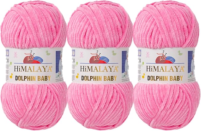 3 Skein/Pack Himalaya Dolphin Baby Chenille Yarn, Each Ball 100 gr (3.5 oz), 120 m (132 Yards), 100% Polyester, Super Bulky Baby Blanket Velvet Amigurumi Yarn, 80309 - Pink