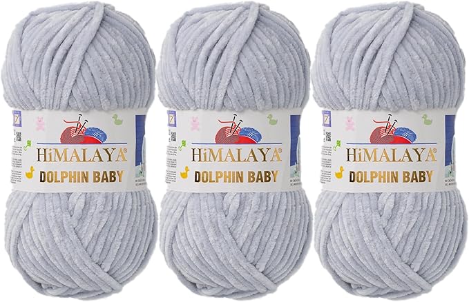 3 Skein/Pack Himalaya Dolphin Baby Chenille Yarn, Each Ball 100 gr (3.5 oz), 120 m (132 Yards), 100% Polyester, Super Bulky Baby Blanket Velvet Amigurumi Yarn, 80325 - Light Gray