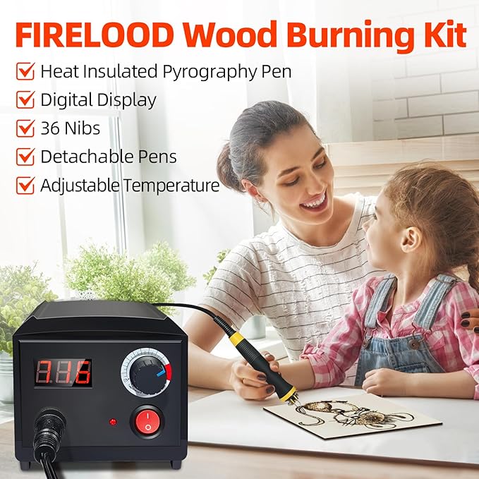 FIRElood Wood Burning Tool, Wood Burner kit Pen 200~750℃, Wood Burning kit with Digital Thermometer Temperature Adjustable Temperature, 2 pyrographic Wood Burning pens, 36 Wood Burning Pen Tips