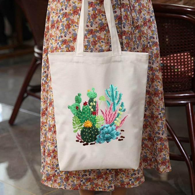 KABAKE Canvas Tote Bag Embroidery Kit for Beginners, Arts and DIY Crafts Starter Kit, Includes Stamped Bag, Threads, Tools (Beige With Cactus)