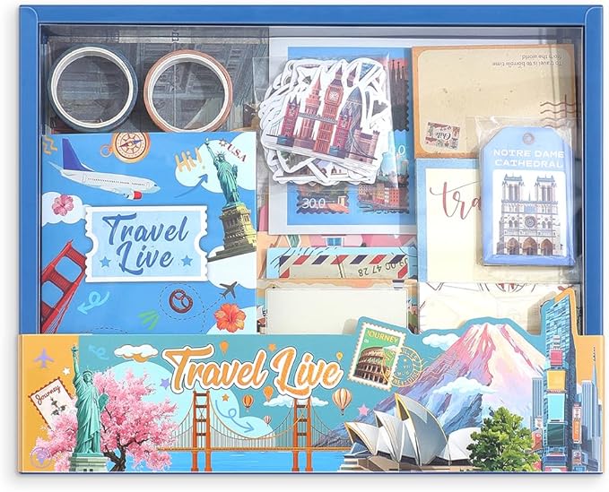 icceemee Scrapbooking Supplies Kit, Travel Diary Theme Scrapbooking Kit for Bullet Junk Journaling, Stationery, A6 Grid Notebook, Flower DIY Journaling Supplies, Birthday Craft Gift for Teen Girls