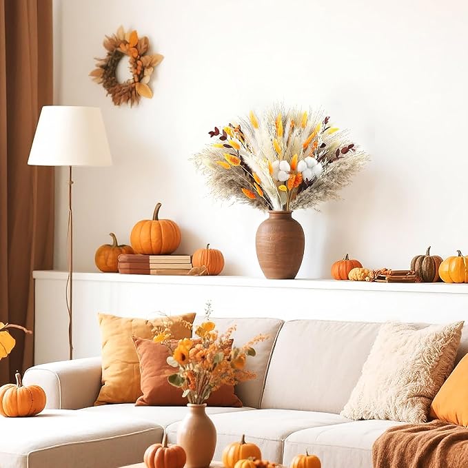 110pcs Fall Dried Flowers Bouquet 17inches Boho Autumn Dried Flowers Set Natural Dried Flower Bouquet Decoration for Home vase Wedding Autumn Thanksgiving TableIndoor Decoration