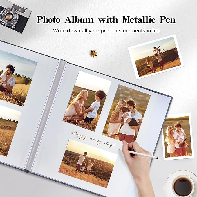 potricher Large Photo Album Self Adhesive 3x5 4x6 5x7 8x10 Pictures Linen Cover 80 Blank Pages Magnetic DIY Scrapbook Album with A Metallic Pen (Blue, 11x10.6 inch 80 Pages)