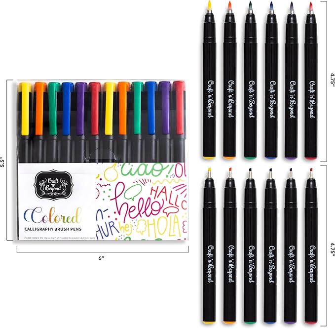 Craft 'n' Beyond Colored Calligraphy Brush Pens Waterproof Pack of 12 Markers for Hand Lettering, Art Drawing, Sketching, Scrapbooking, Writing, Journaling tip - Beginner Kit with Fadeproof Ink