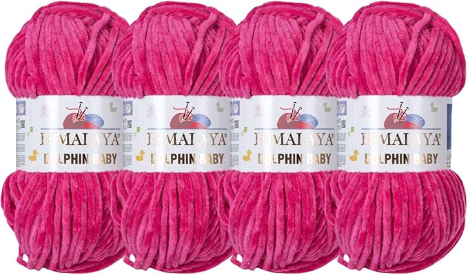 4 Skein/Pack Himalaya Dolphin Baby Chenille Yarn, Each Ball 100 gr (3.5 oz), 120 m (132 Yards), 100% Polyester, Super Bulky Baby Blanket Velvet Amigurumi Yarn, 80314 - Fuchsia