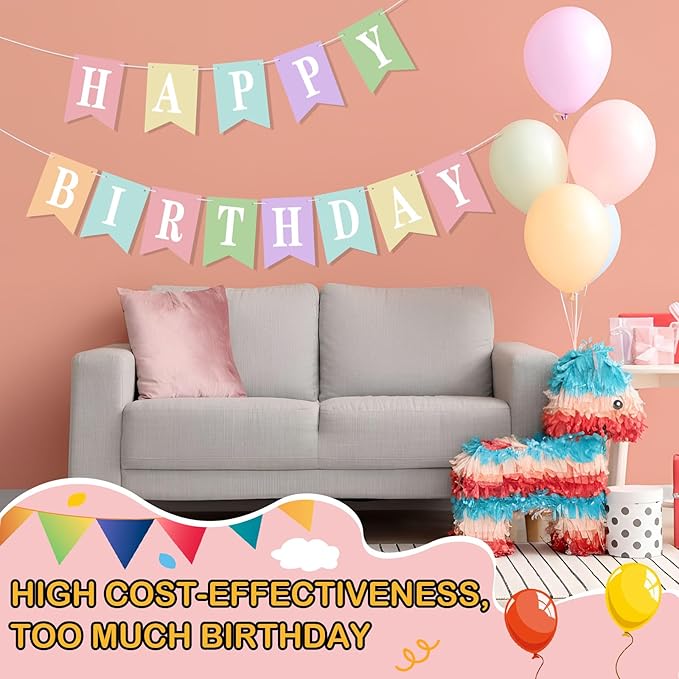 Mooliwe 171 Pcs DIY Custom Banner Kit Make Your Own Customizable Sign for Birthday Wedding Party Decoration Include 20 Paper Pennant 148 Letters and Numbers 1 Rope 2 Threading Device(Pastel)